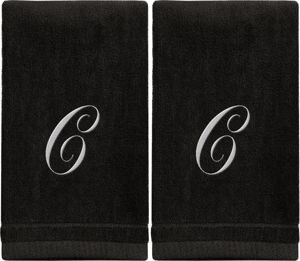 Set of 2 Black Monogrammed Towel - White Embroidered - Initial C