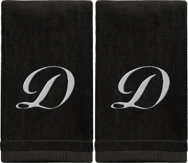 Set of 2 Black Monogrammed Towel - White Embroidered - Initial D