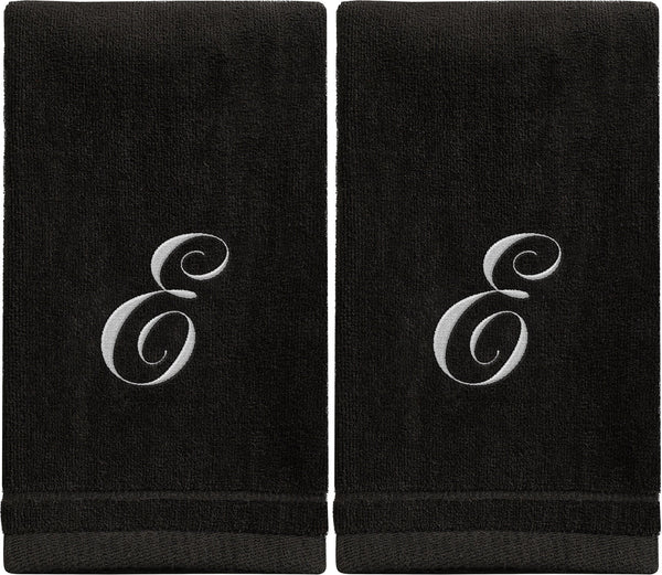 Set of 2 Black Monogrammed Towel - White Embroidered - Initial E