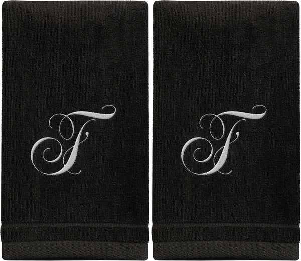 Set of 2 Black Monogrammed Towel - White Embroidered - Initial F