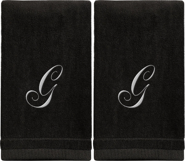 Set of 2 Black Monogrammed Towel - White Embroidered - Initial G