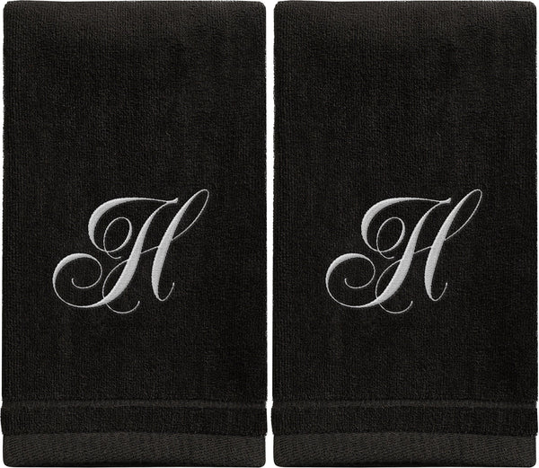 Set of 2 Black Monogrammed Towel - White Embroidered - Initial H