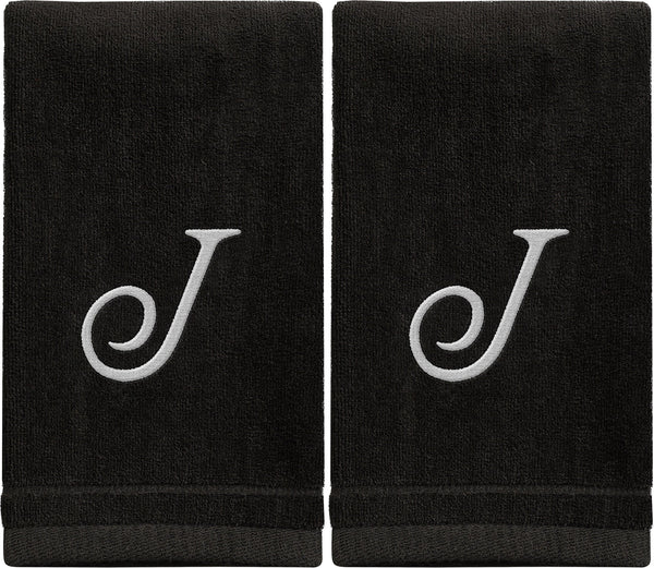 Set of 2 Black Monogrammed Towel - White Embroidered - Initial J