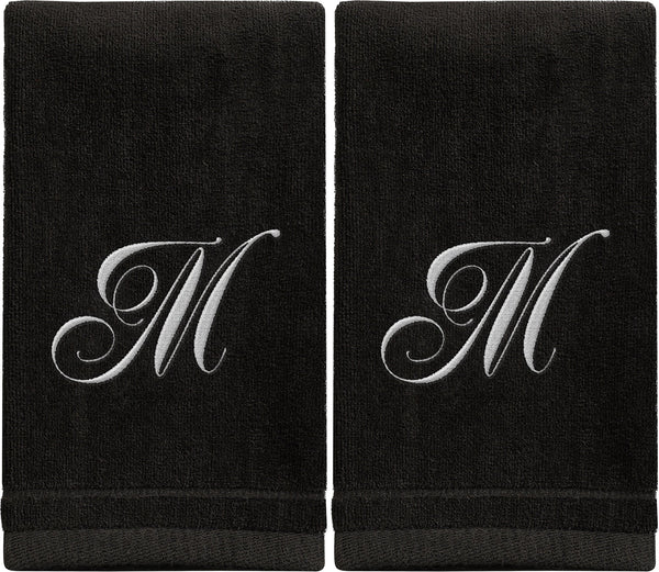 Set of 2 Black Monogrammed Towel - White Embroidered - Initial M