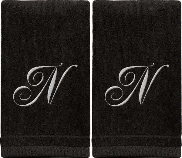 Set of 2 Black Monogrammed Towel - White Embroidered - Initial N