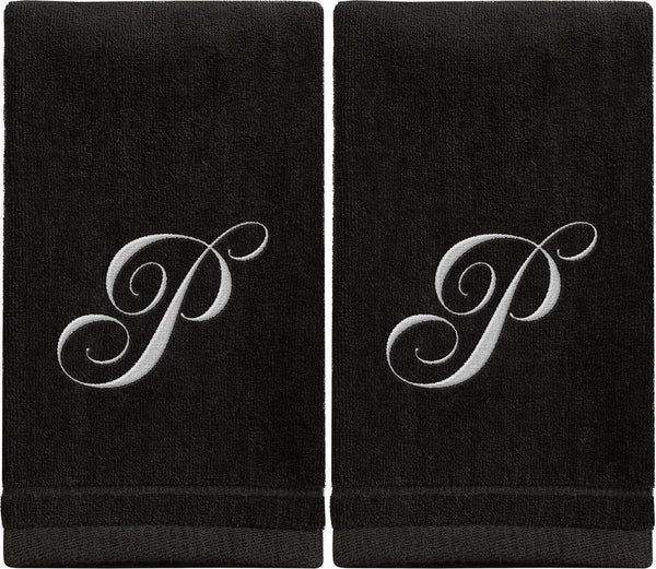 Set of 2 Black Monogrammed Towel - White Embroidered - Initial P