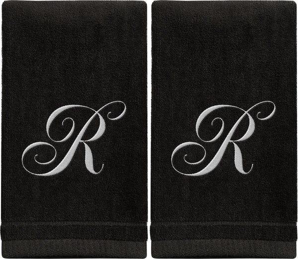 Set of 2 Black Monogrammed Towel - White Embroidered - Initial R