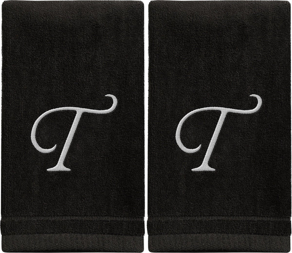 Set of 2 Black Monogrammed Towel - White Embroidered - Initial T