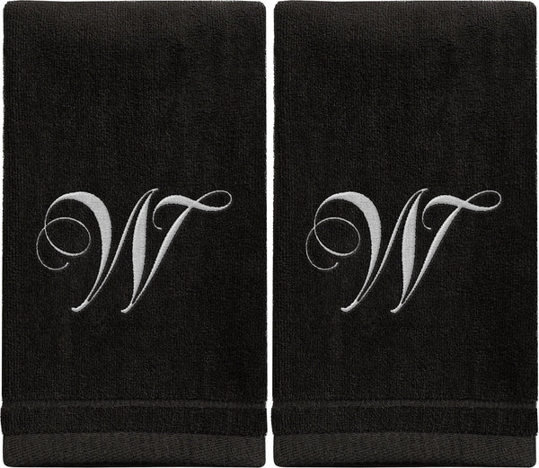 Set of 2 Black Monogrammed Towel - White Embroidered - Initial W