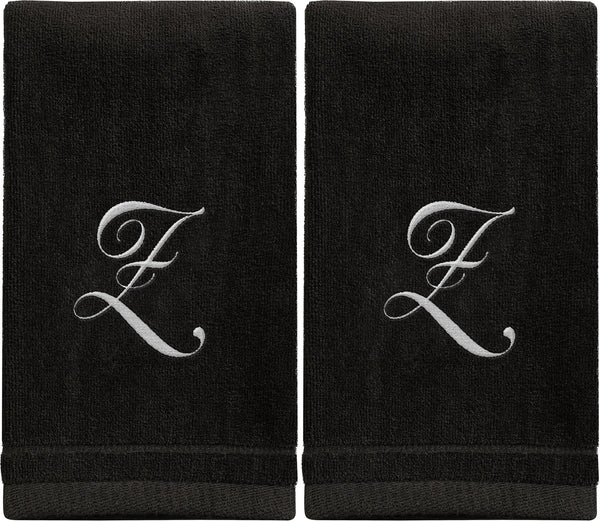 Set of 2 Black Monogrammed Towel - White Embroidered - Initial Z