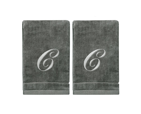 Set of 2 Silver Embroidered Monogrammed Towels - Initial C