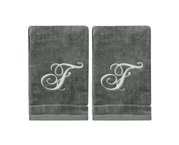 Set of 2 Silver Embroidered Monogrammed Towels - Initial F