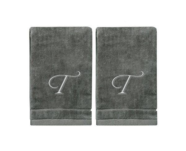 Set of 2 Silver Embroidered Monogrammed Towels - Initial T