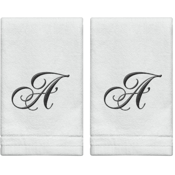 Set of 2 White Monogrammed Towel - Black Embroidered - Initial  A