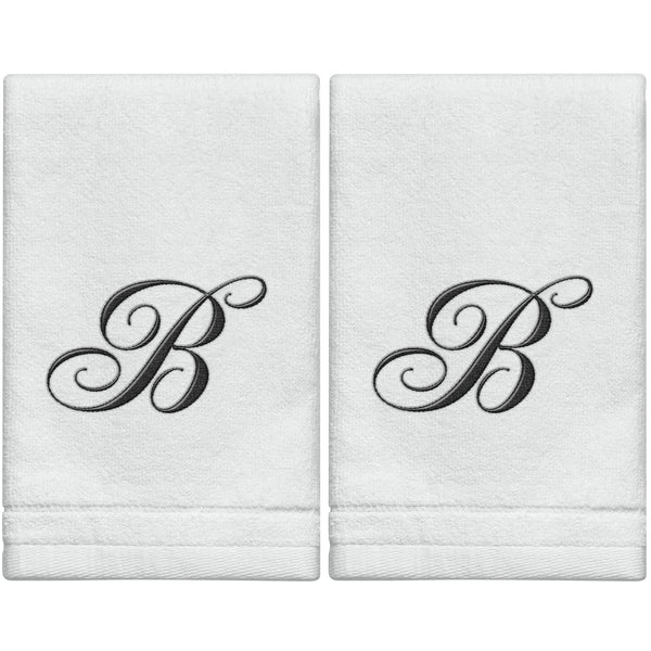 Set of 2 White Monogrammed Towel - Black Embroidered - Initial  B