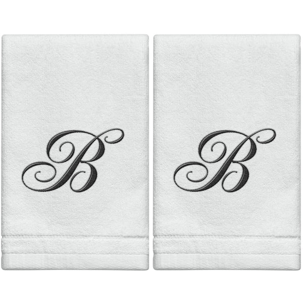 Set of 2 White Monogrammed Towel - Black Embroidered - Initial B