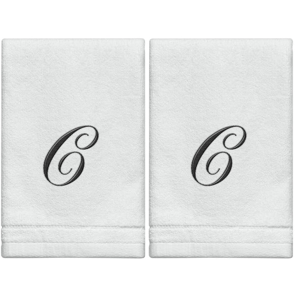 Set of 2 White Monogrammed Towel - Black Embroidered - Initial  C