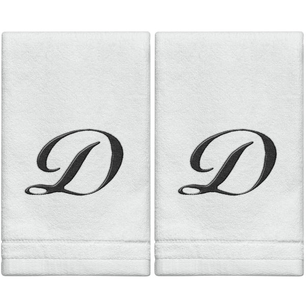 Set of 2 White Monogrammed Towel - Black Embroidered - Initial  D