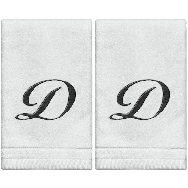 Set of 2 White Monogrammed Towel - Black Embroidered - Initial D