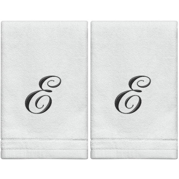 Set of 2 White Monogrammed Towel - Black Embroidered - Initial  E