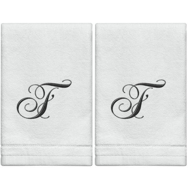 Set of 2 White Monogrammed Towel - Black Embroidered - Initial  F