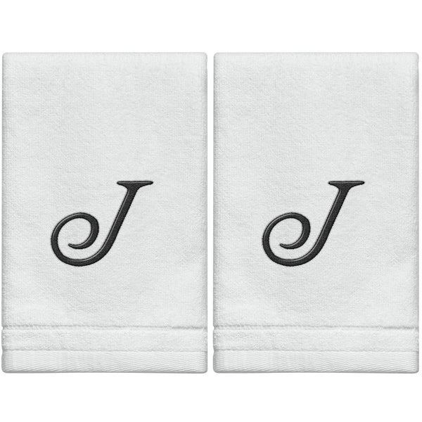 Set of 2 White Monogrammed Towel - Black Embroidered - Initial J
