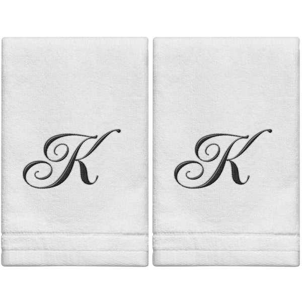 Set of 2 White Monogrammed Towel - Black Embroidered - Initial K