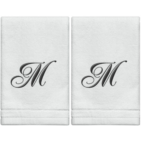 Set of 2 White Monogrammed Towel - Black Embroidered - Initial M