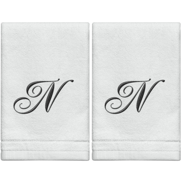 Set of 2 White Monogrammed Towel - Black Embroidered - Initial  N