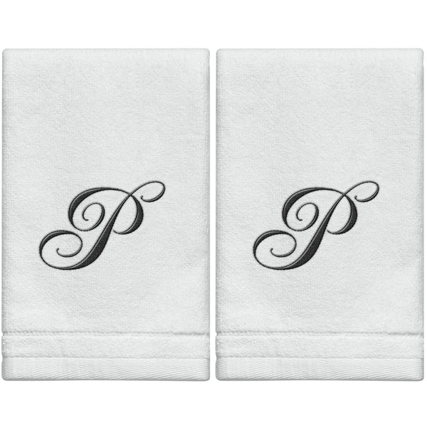 Set of 2 White Monogrammed Towel - Black Embroidered - Initial  P