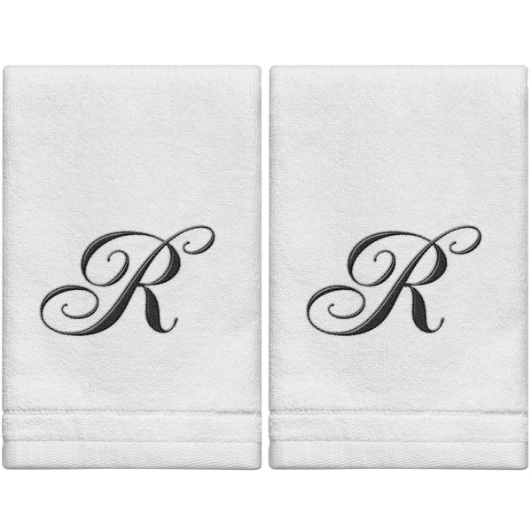 Set of 2 White Monogrammed Towel - Black Embroidered - Initial R