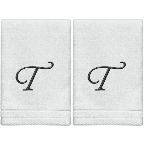 Set of 2 White Monogrammed Towel - Black Embroidered - Initial T