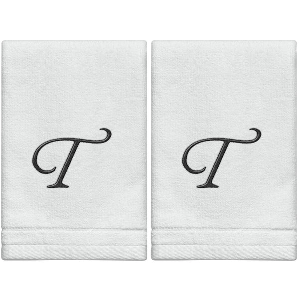 Set of 2 White Monogrammed Towel - Black Embroidered - Initial  T