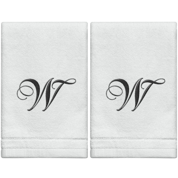 Set of 2 White Monogrammed Towel - Black Embroidered - Initial  W