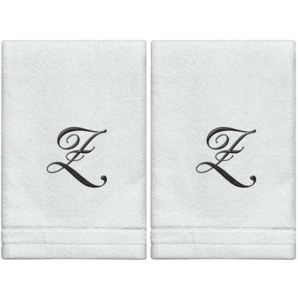 Set of 2 White Monogrammed Towel - Black Embroidered - Initial  Z