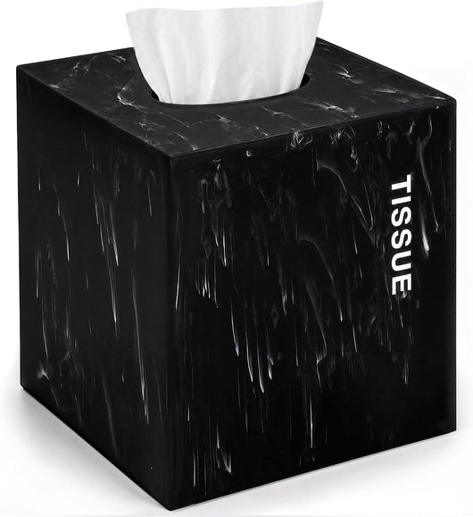 Black Tissue Box Cover Square with Marble Look - bathroom accessories decor