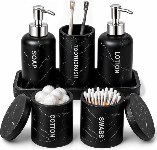 Black Bathroom Accessories - 6 Pc. Marble Look Resin Bathroom Accessory Set