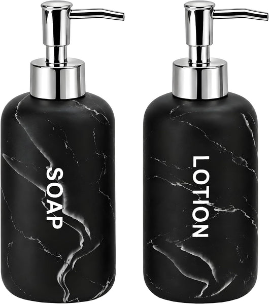 Black Marble Look Bathroom Hand Soap and Lotion Dispenser Set with Pumps