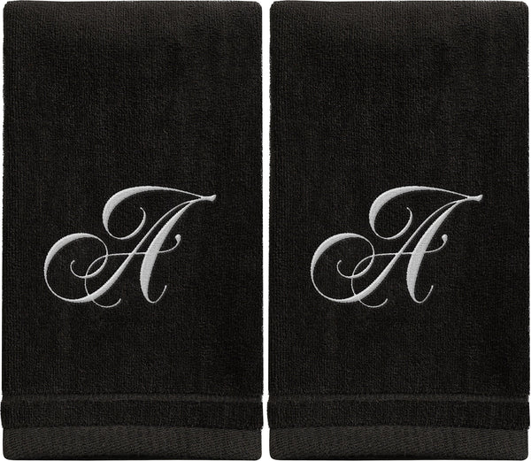 Set of 2 Black Monogrammed Towel - White Embroidered - Initial A