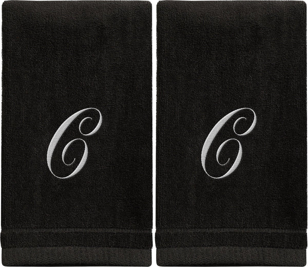 Set of 2 Black Monogrammed Towel - White Embroidered - Initial C