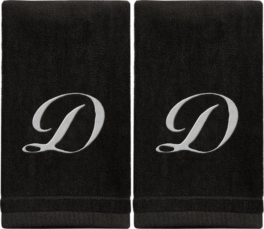 Set of 2 Black Monogrammed Towel - White Embroidered - Initial D