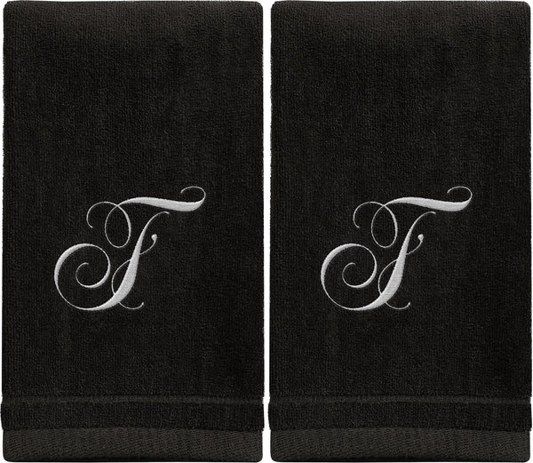 Set of 2 Black Monogrammed Towel - White Embroidered - Initial F