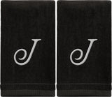 Set of 2 Black Monogrammed Towel - White Embroidered - Initial J