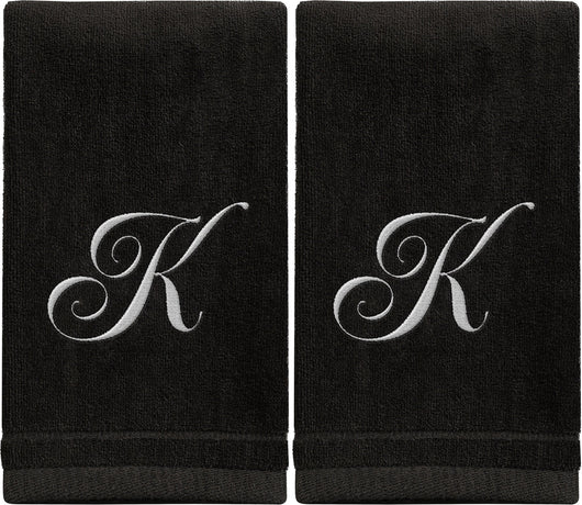 Set of 2 Black Monogrammed Towel - White Embroidered - Initial K