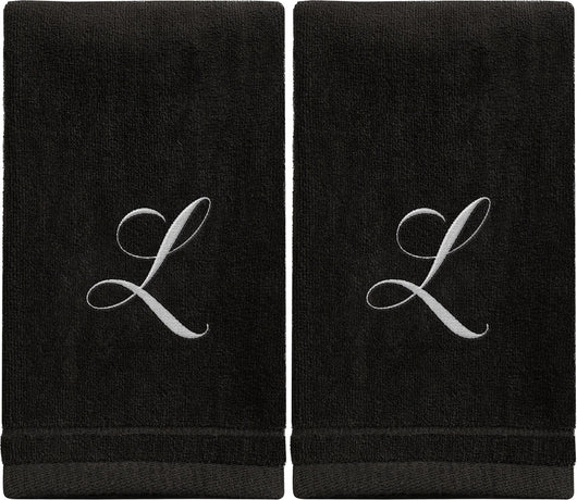 Set of 2 Black Monogrammed Towel - White Embroidered - Initial L