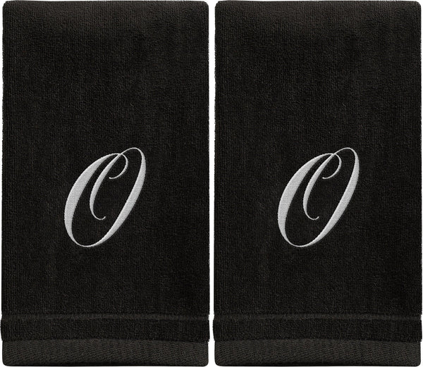 Set of 2 Black Monogrammed Towel - White Embroidered - Initial O
