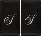 Set of 2 Black Monogrammed Towel - White Embroidered - Initial S