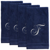 Set of 4 Navy Blue Monogrammed Towel - White Embroidered - Initial F