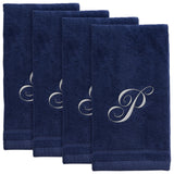 Set of 4 Navy Blue Monogrammed Towel - White Embroidered - Initial P