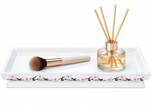 Creative Scents Vanda Bathroom Vanity Tray – Decorative Cherry Blossom White Resin Perfume Tray for Dresser -Small Rectangle Floral Tray for Bathroom Countertop, Perfume, & Dresser Cosmetics Organizer